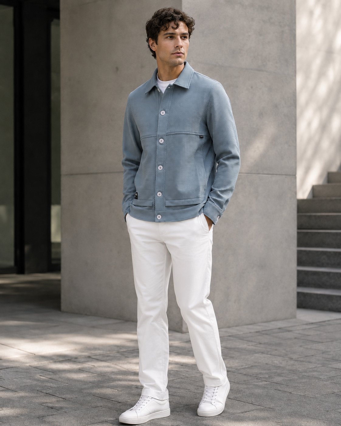 Cement Grey Waffle Textured Button-Down Trucker Overshirt Jacket