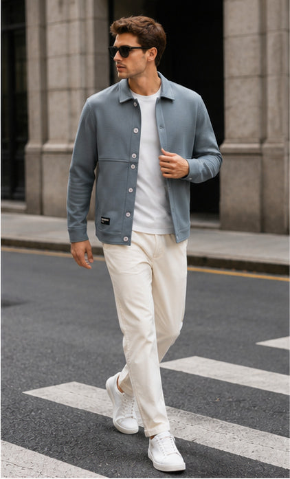 Cement Grey Waffle Textured Button-Down Trucker Overshirt Jacket-3