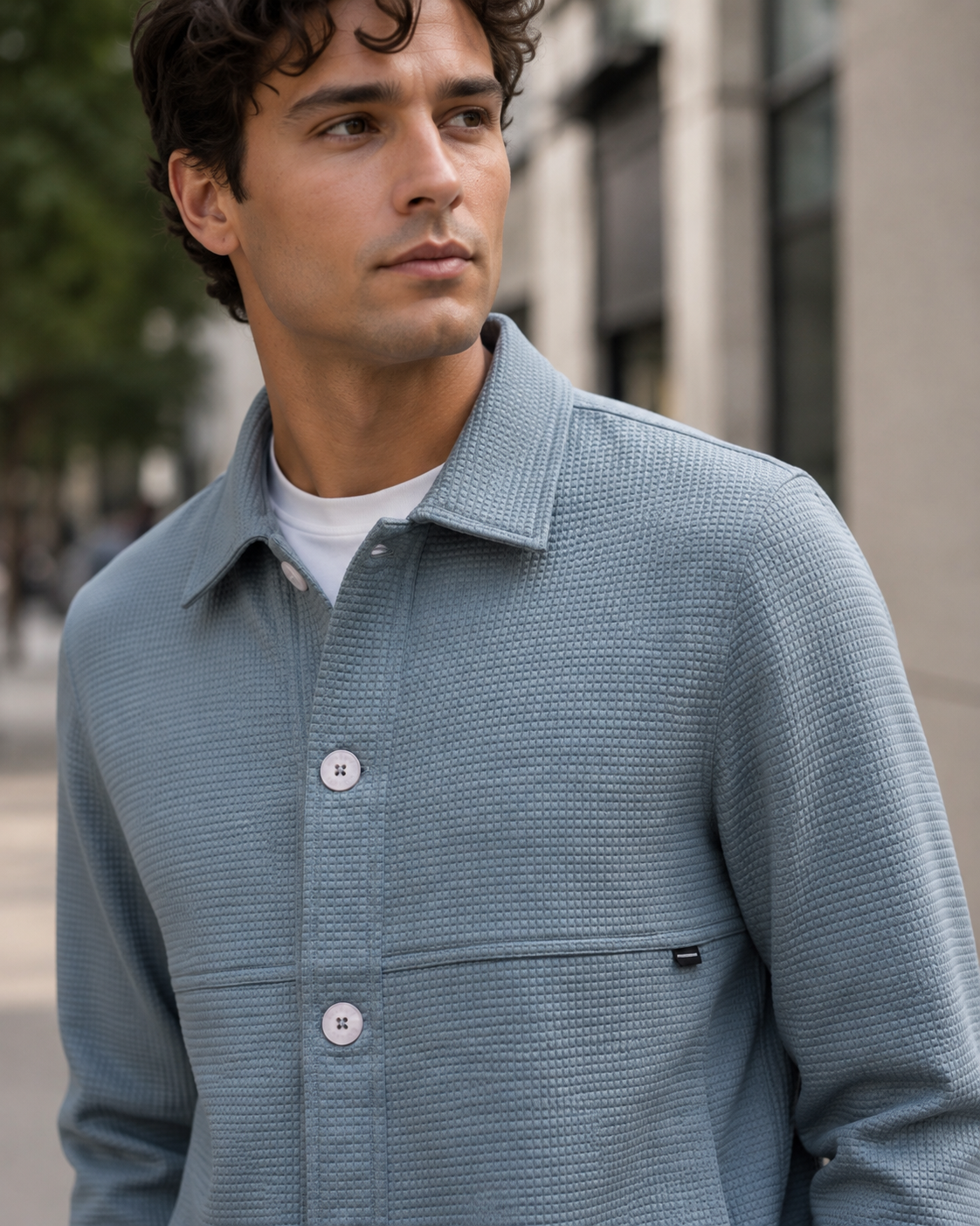 Cement Grey Waffle Textured Button-Down Trucker Overshirt Jacket-4