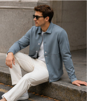 Cement Grey Waffle Textured Button-Down Trucker Overshirt Jacket-5