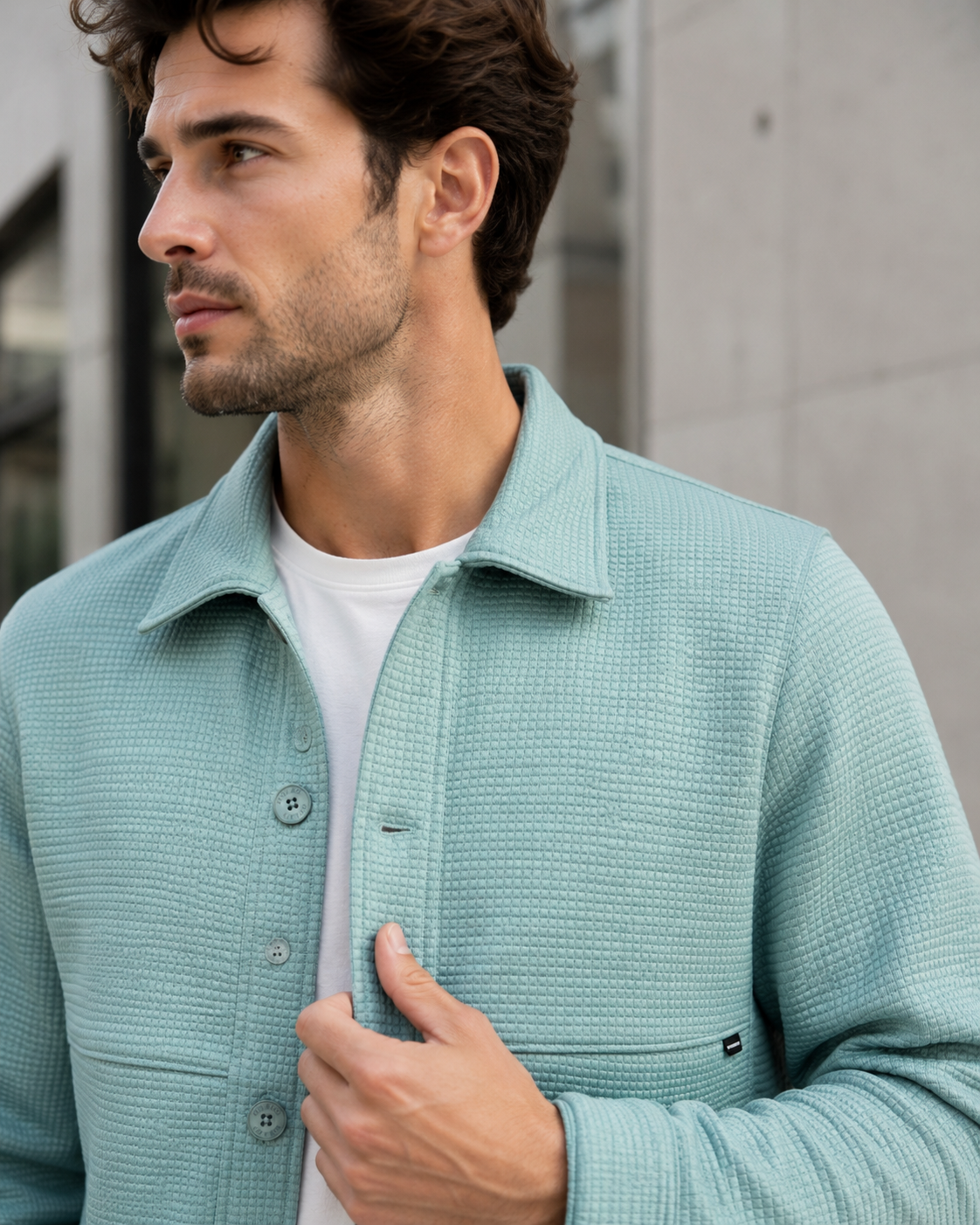 Pista Green Waffle Textured Button-Down Trucker Overshirt Jacket