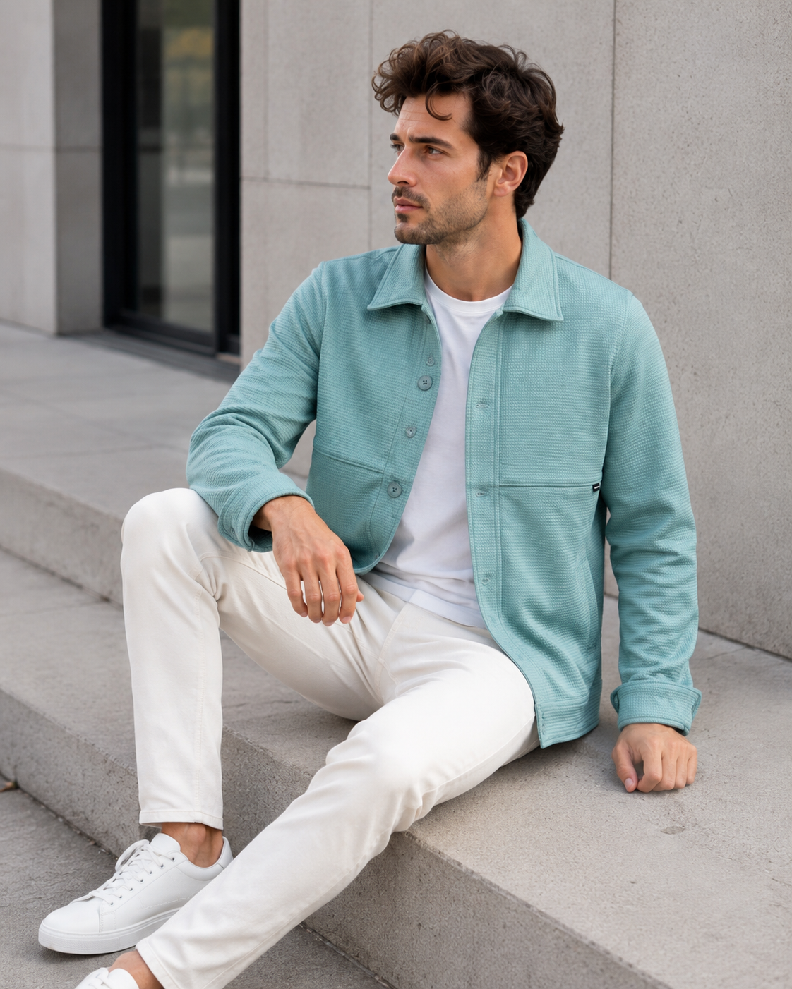 Pista Green Waffle Textured Button-Down Trucker Overshirt Jacket-4