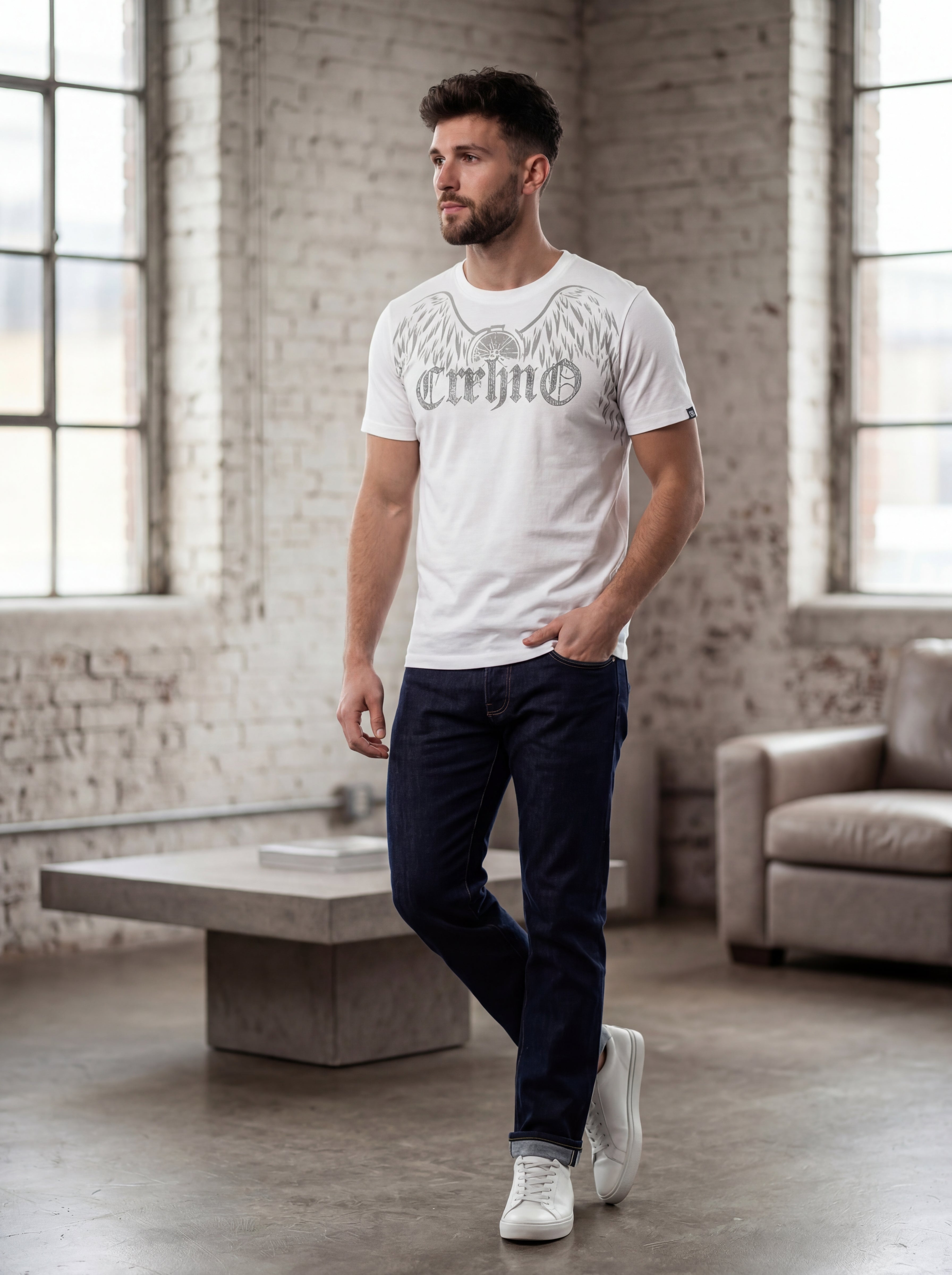 Men’s "Apex Wing" Graphic T-Shirt – Crisp White & Silver