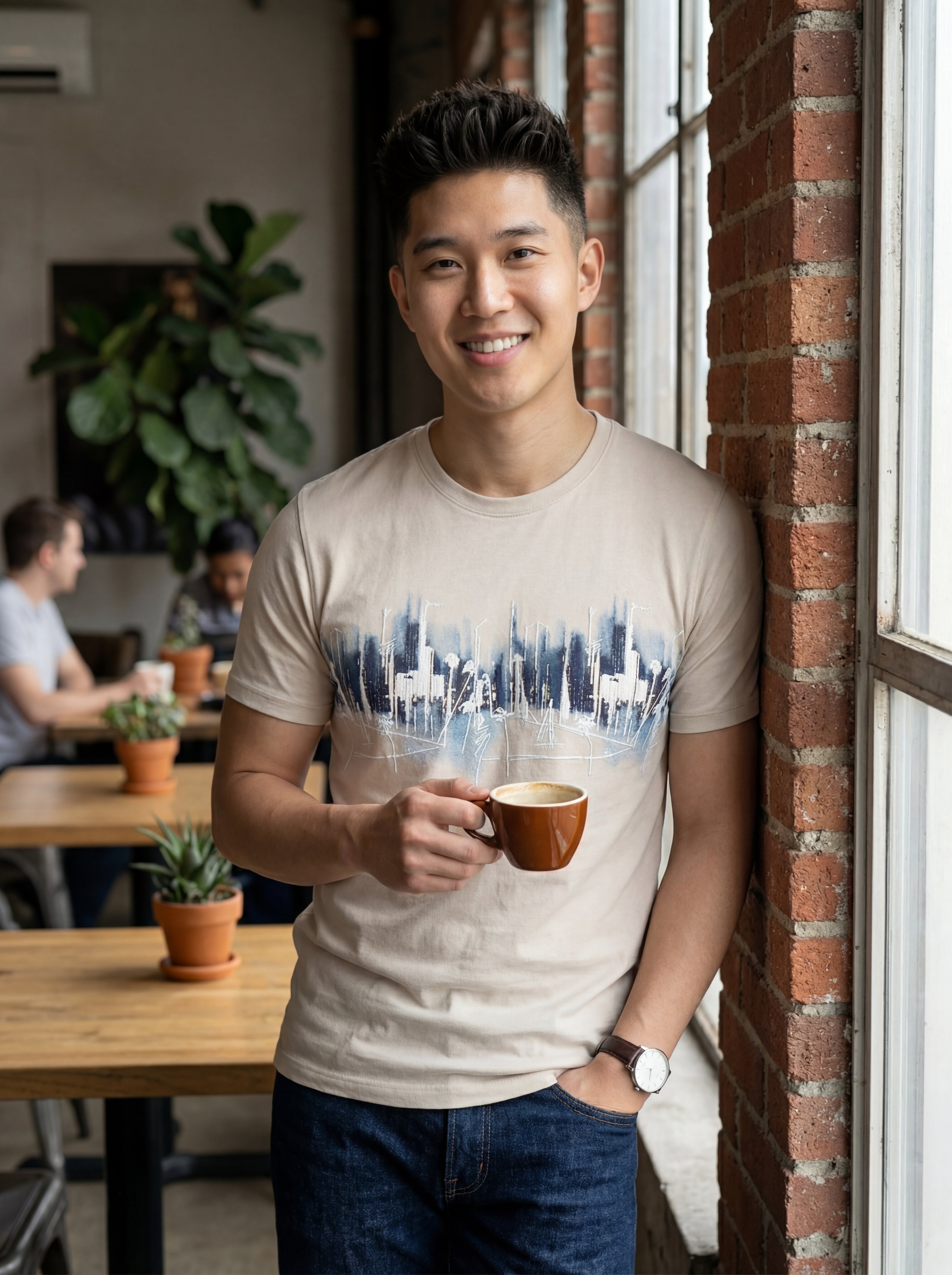 Men Beige Cityscape Abstract Graphic T-shirt
