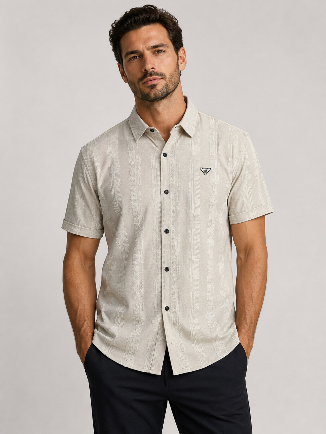 Beige Soft-Ribbed Relaxed Fit Casual Shirt-4
