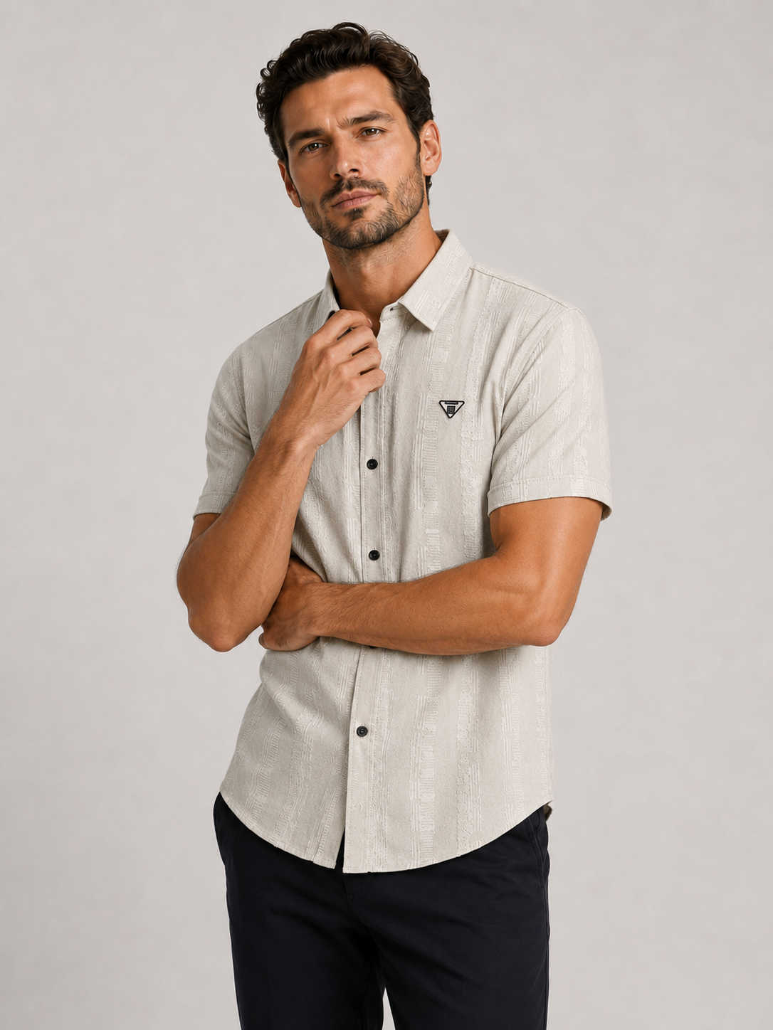 Beige Soft-Ribbed Relaxed Fit Casual Shirt-3