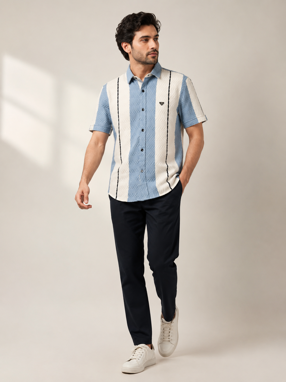 Mens Sky Blue Fine Corduroy Casual Shirt-3