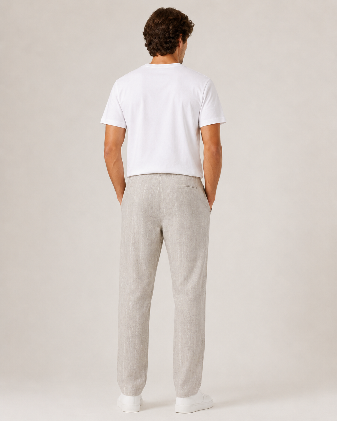 Beige Relaxed-Fit Linen Casual Track Pants-5