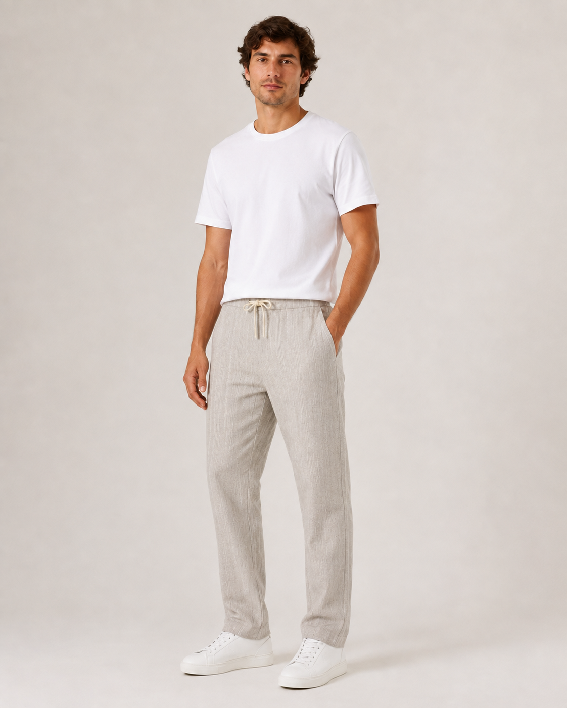 Beige Relaxed-Fit Linen Casual Track Pants-3