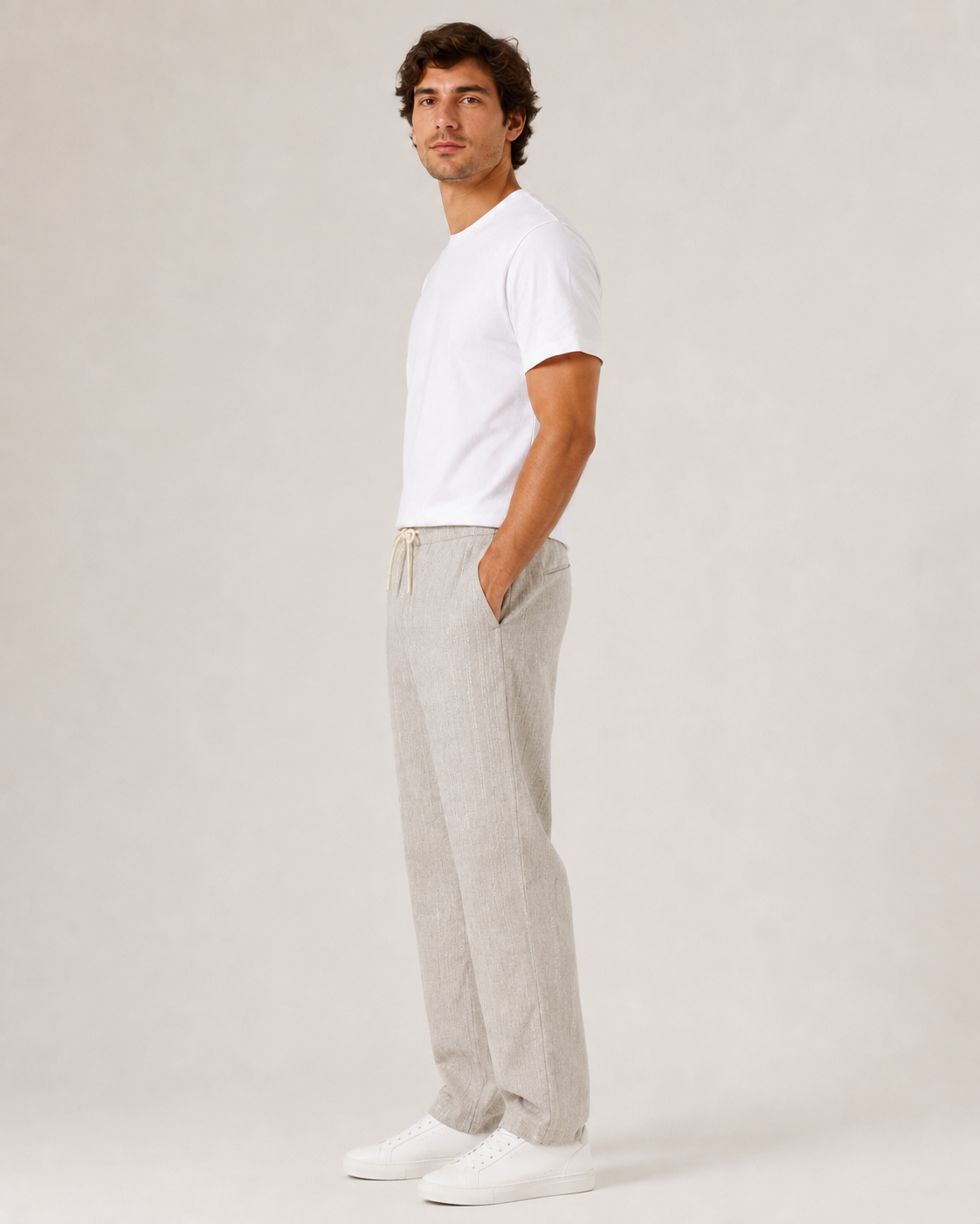 Beige Relaxed-Fit Linen Casual Track Pants-4