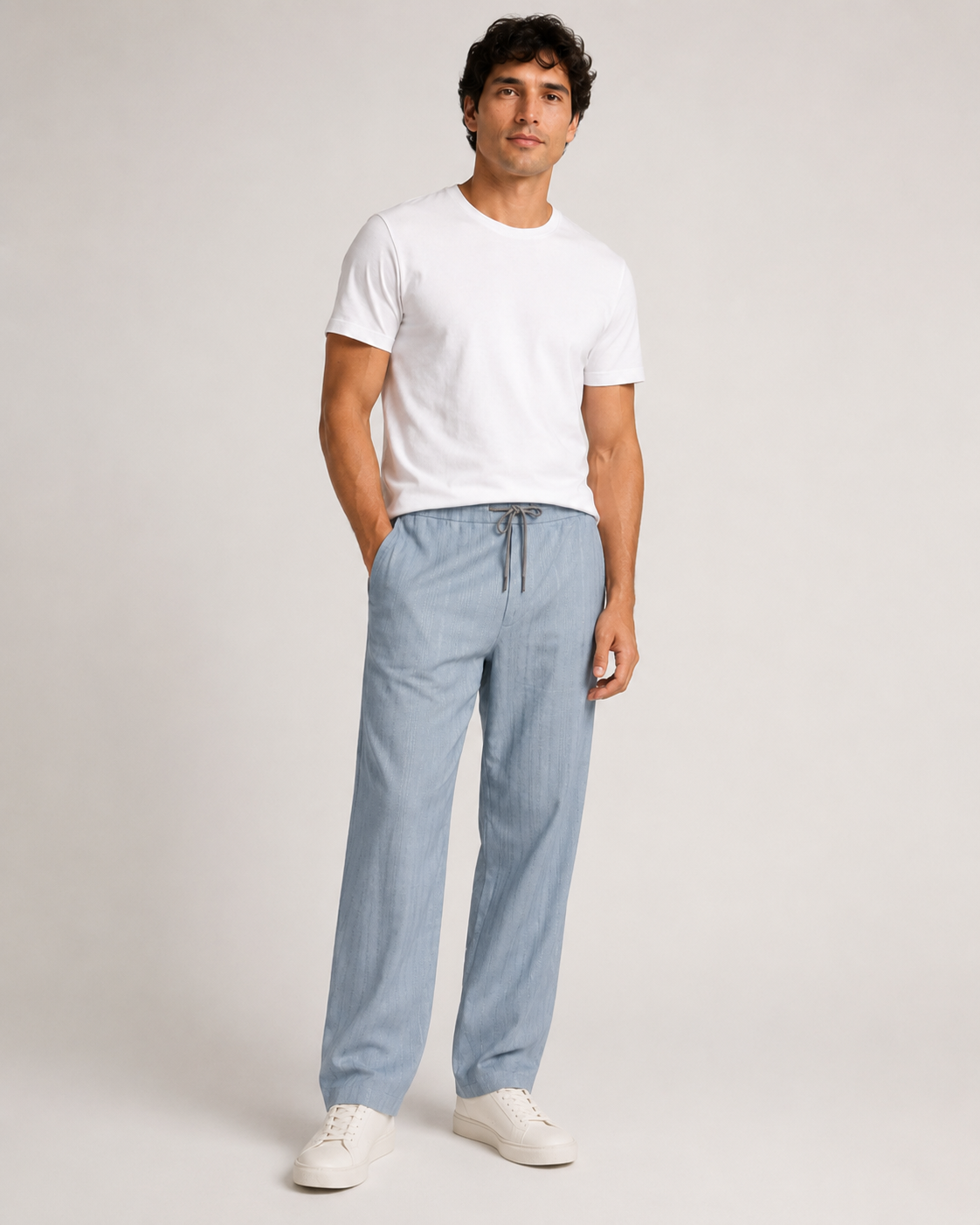 Blue Relaxed-Fit Linen Casual Track Pants-4