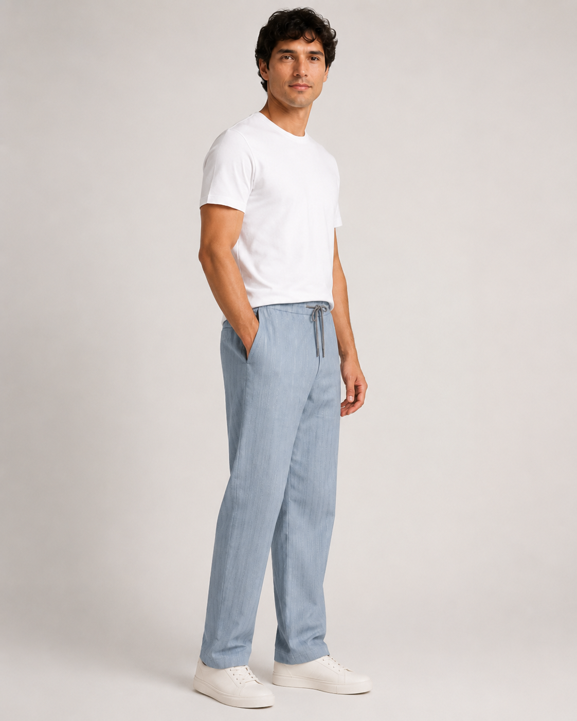 Blue Relaxed-Fit Linen Casual Track Pants