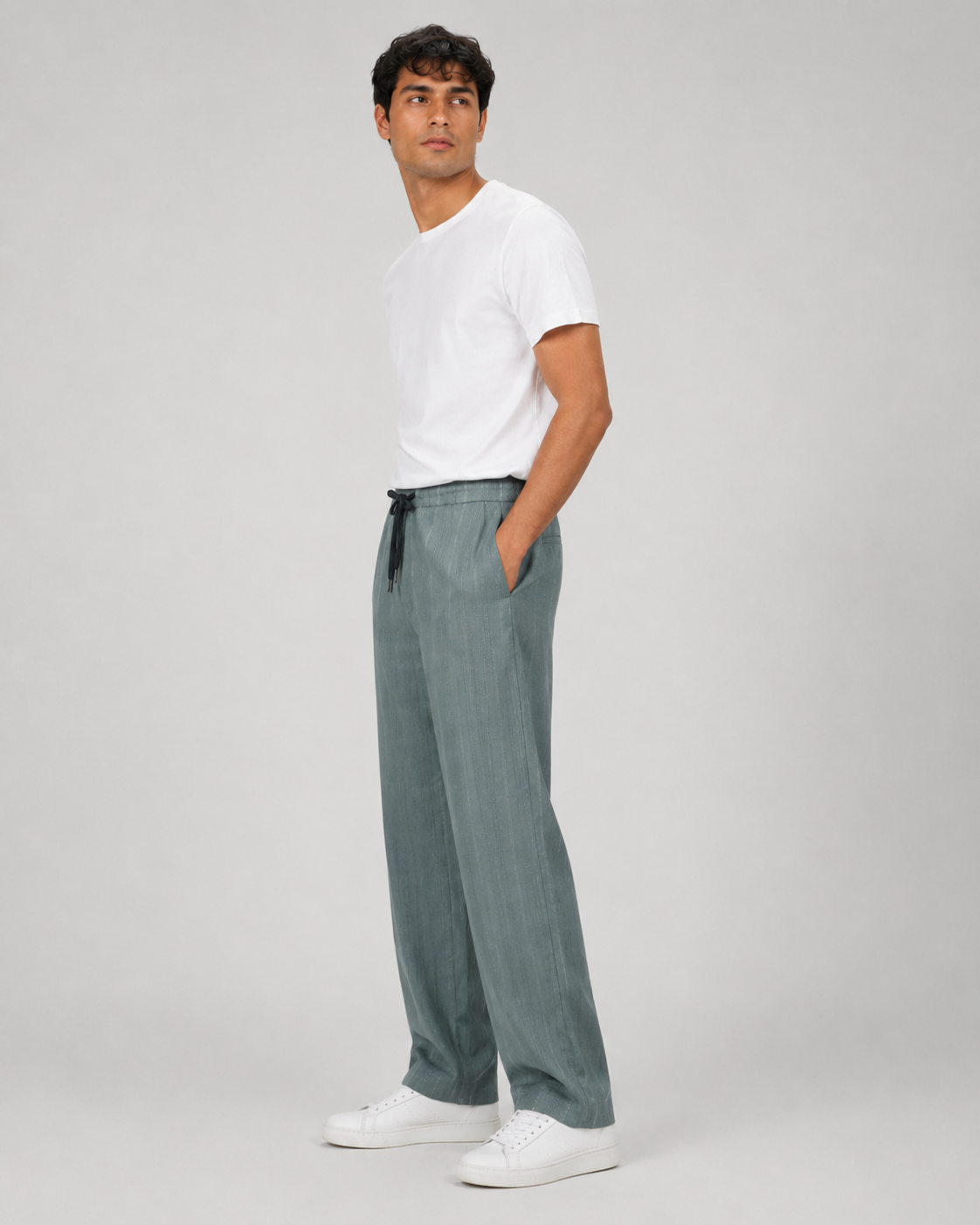 Green Relaxed-Fit Linen Casual Track Pants-4