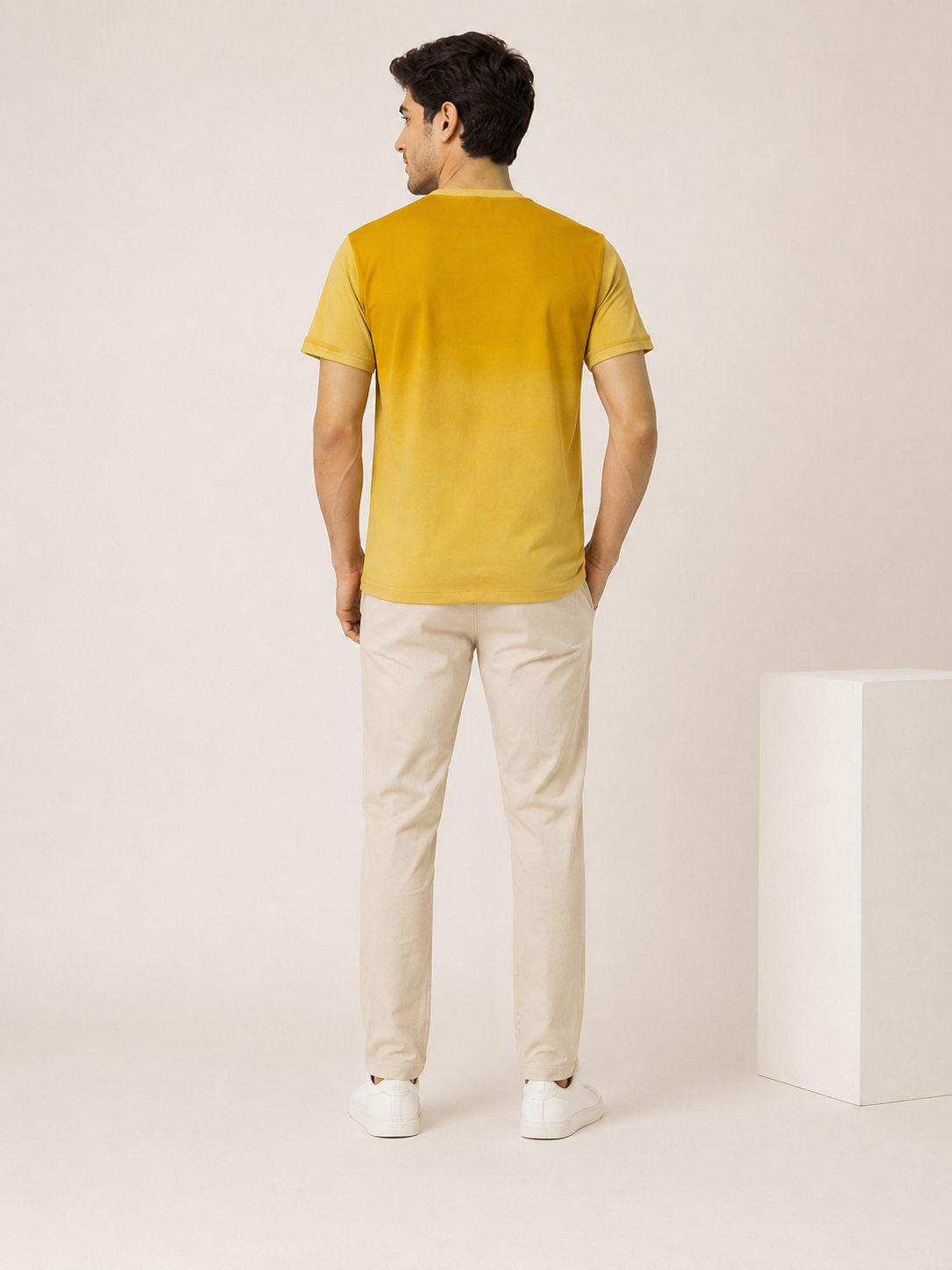 Men Mustard Yellow Ombre Dip-Dye UNLIMITED EDITIONS Chest Print T-Shirt-5