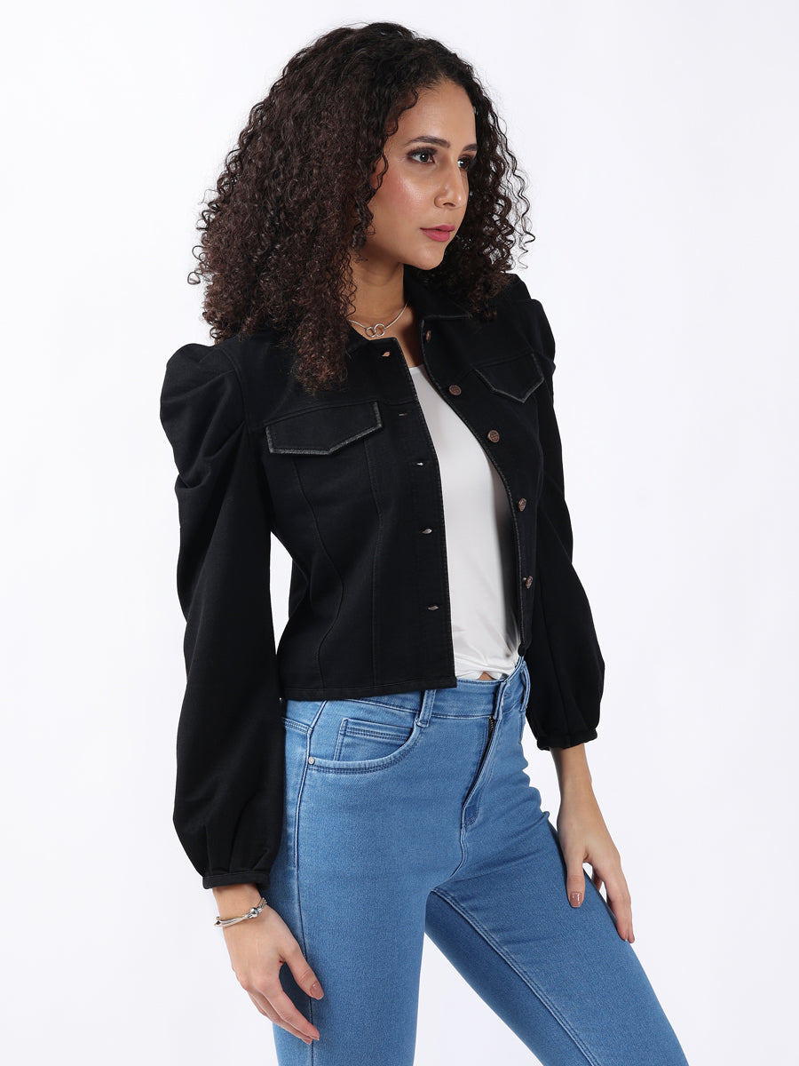 PUFF-SLEEVED BLACK DENIM JACKET-5