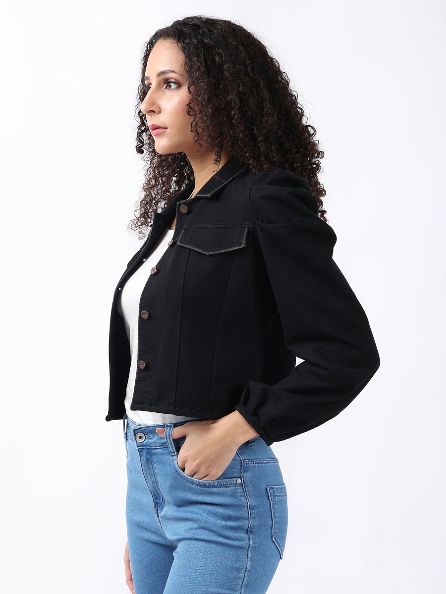 PUFF-SLEEVED BLACK DENIM JACKET-3