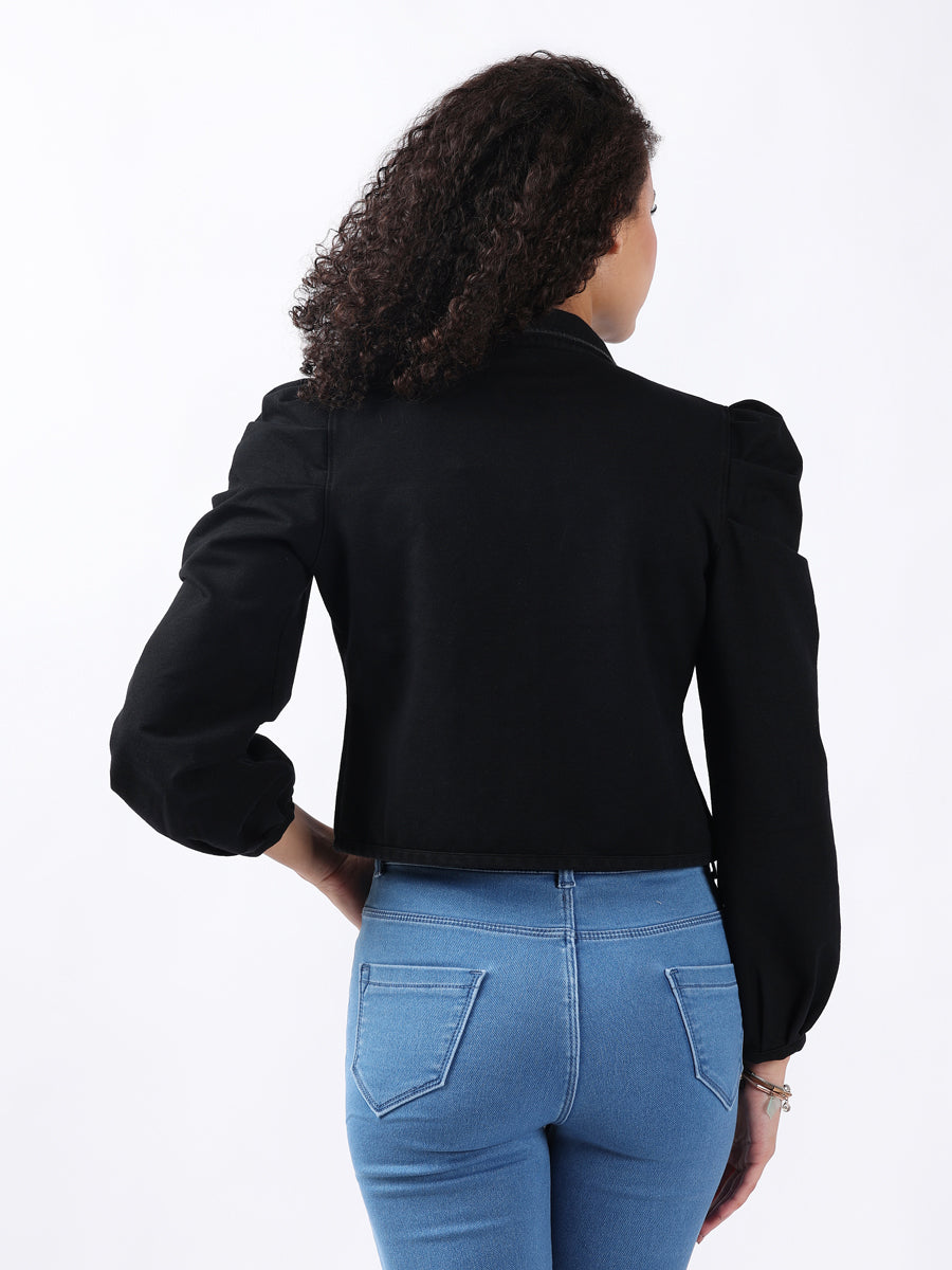 PUFF-SLEEVED BLACK DENIM JACKET-4