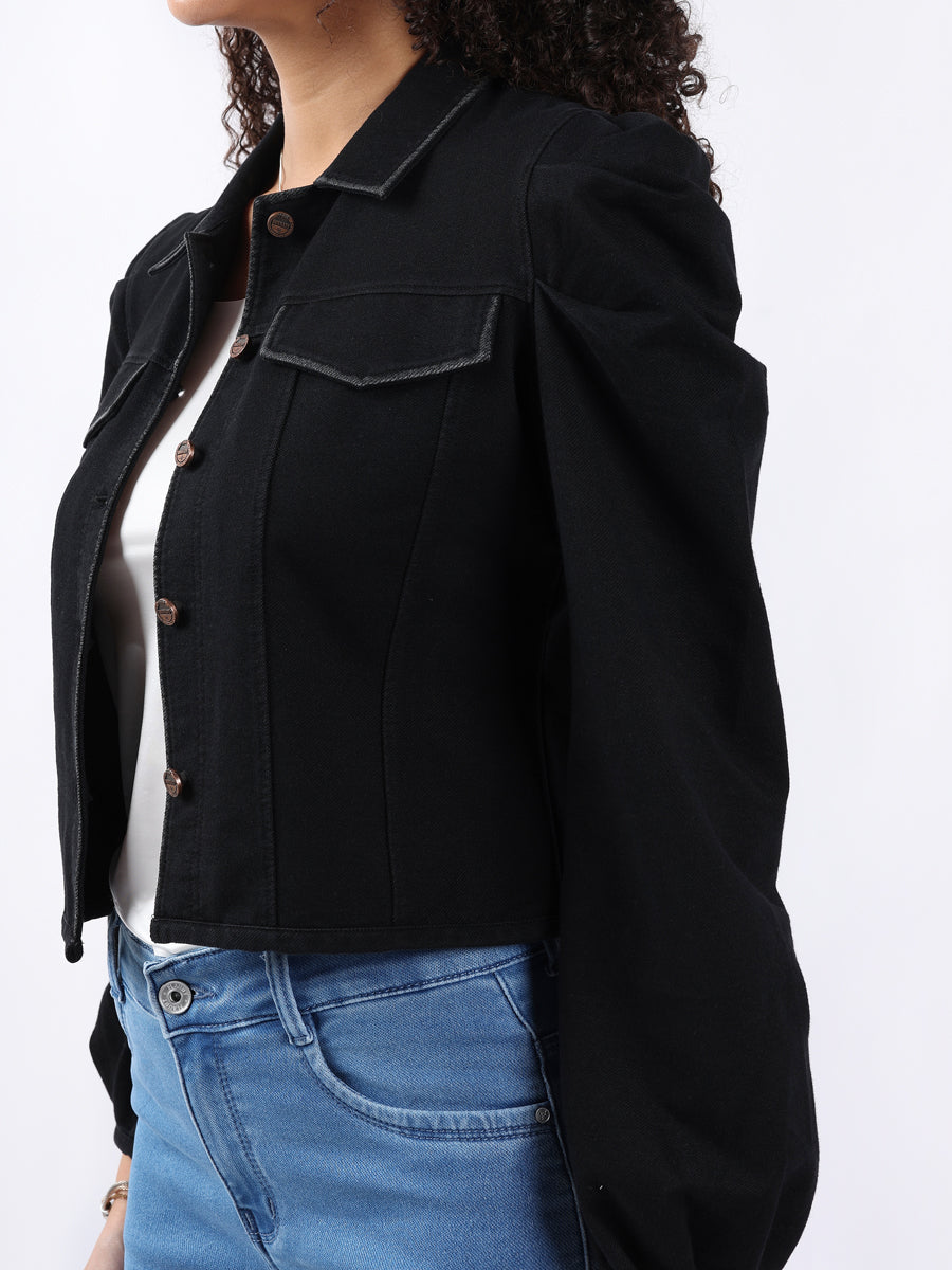 PUFF-SLEEVED BLACK DENIM JACKET-6