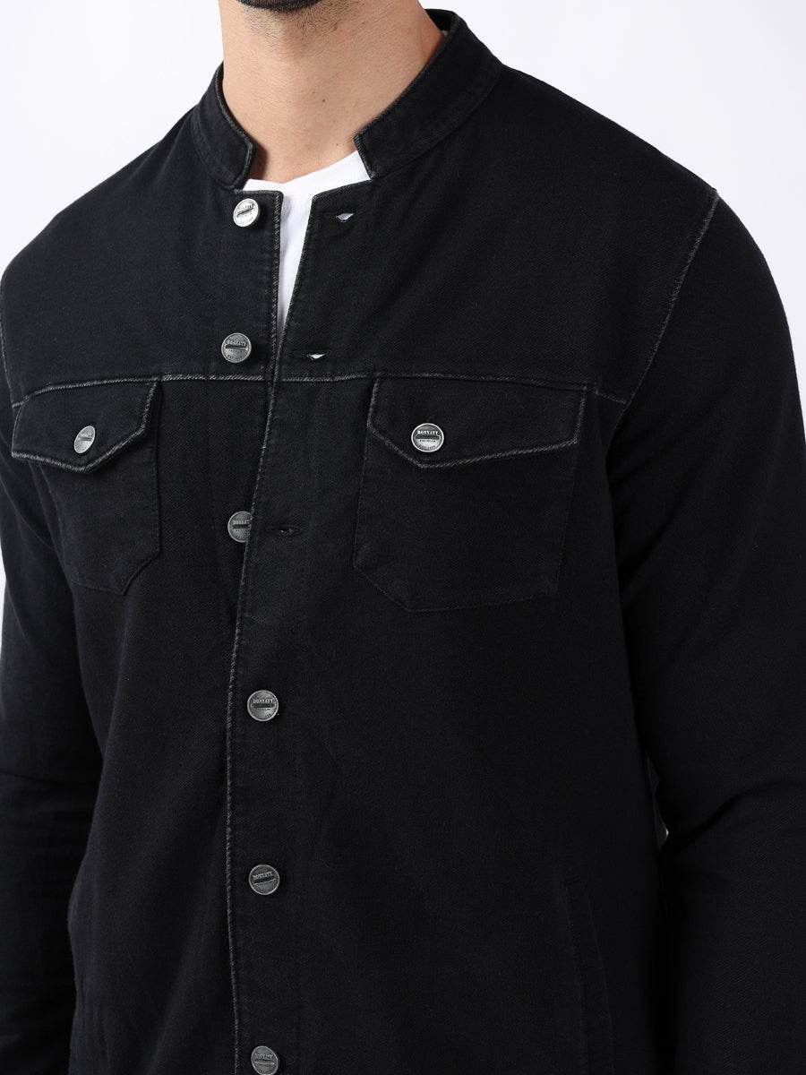 MANDERIN COLLAR BLACK DENIM JACKET-3
