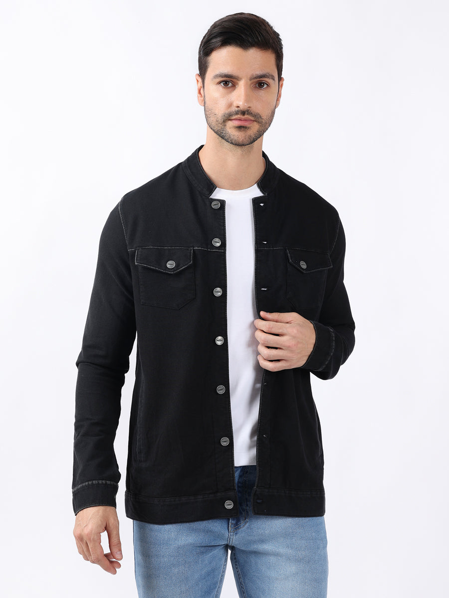 MANDERIN COLLAR BLACK DENIM JACKET-4