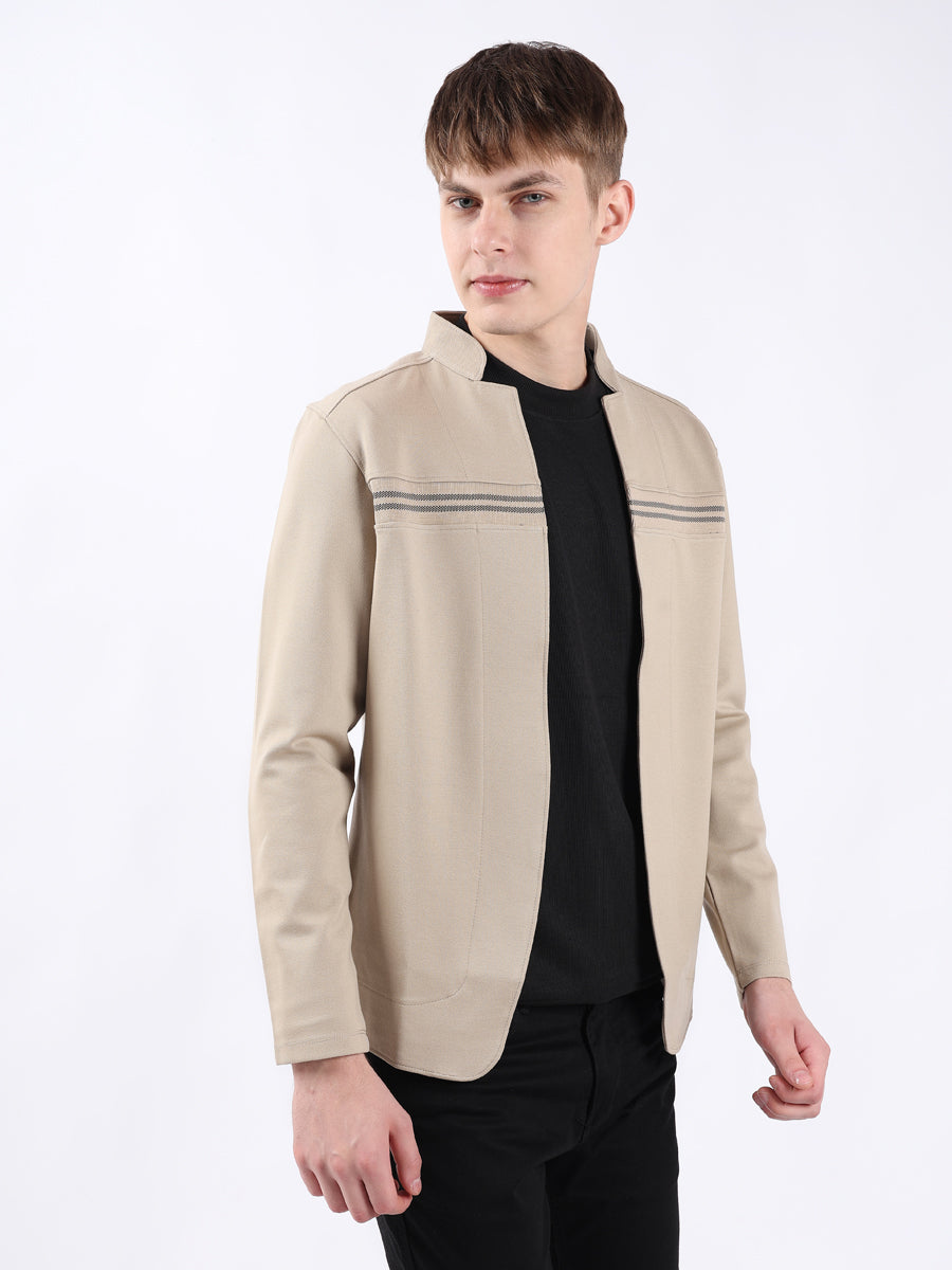 Men’s Beige Cut & Sew Rib Panel Cardigan