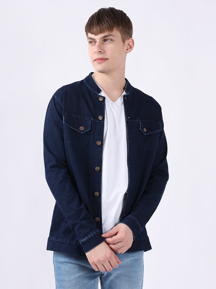 MANDERIN COLLAR BLUE DENIM JACKET-4