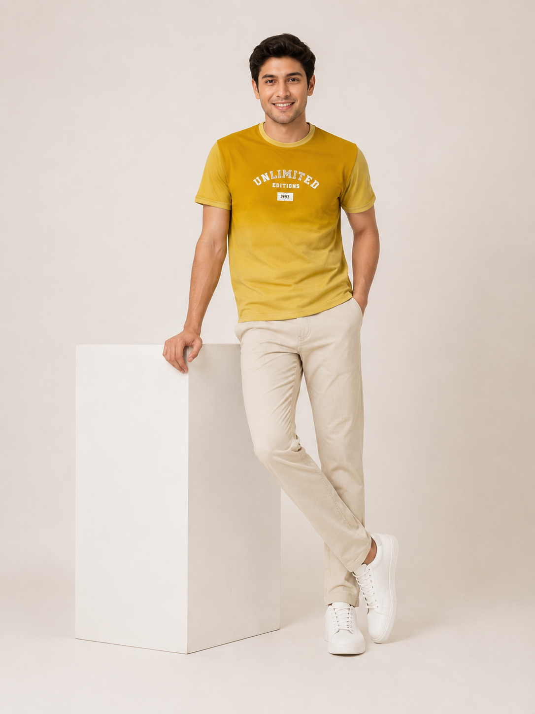Men Mustard Yellow Ombre Dip-Dye UNLIMITED EDITIONS Chest Print T-Shirt