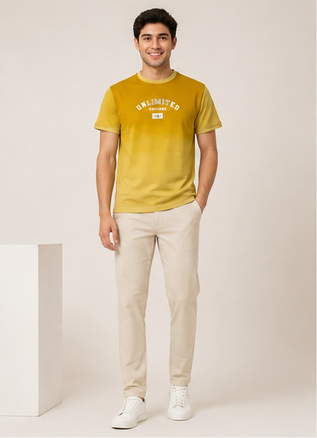 Men Mustard Yellow Ombre Dip-Dye UNLIMITED EDITIONS Chest Print T-Shirt-4