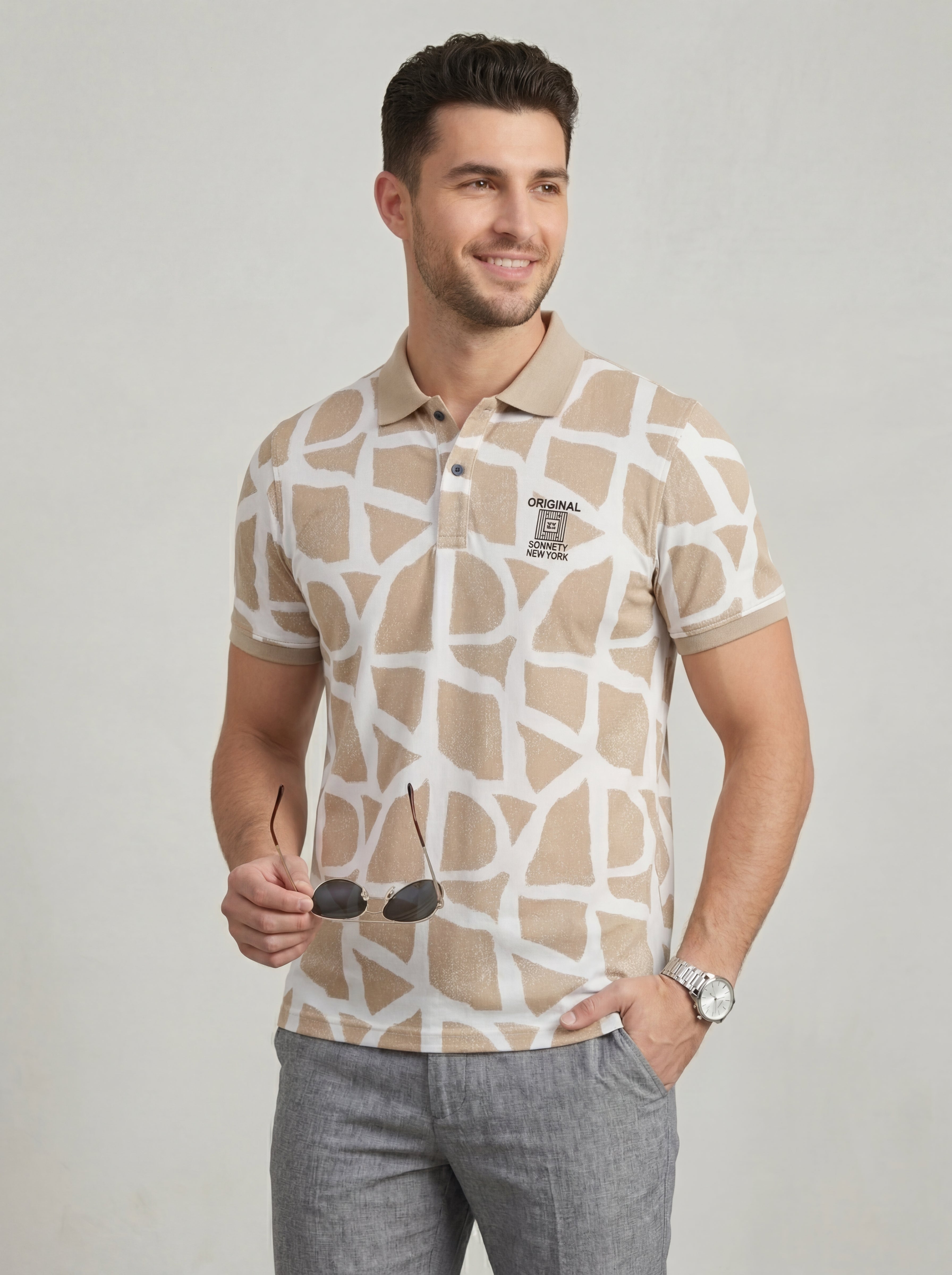 Men’s "Safari Mosaic" Printed Polo – Sand & Cream-4