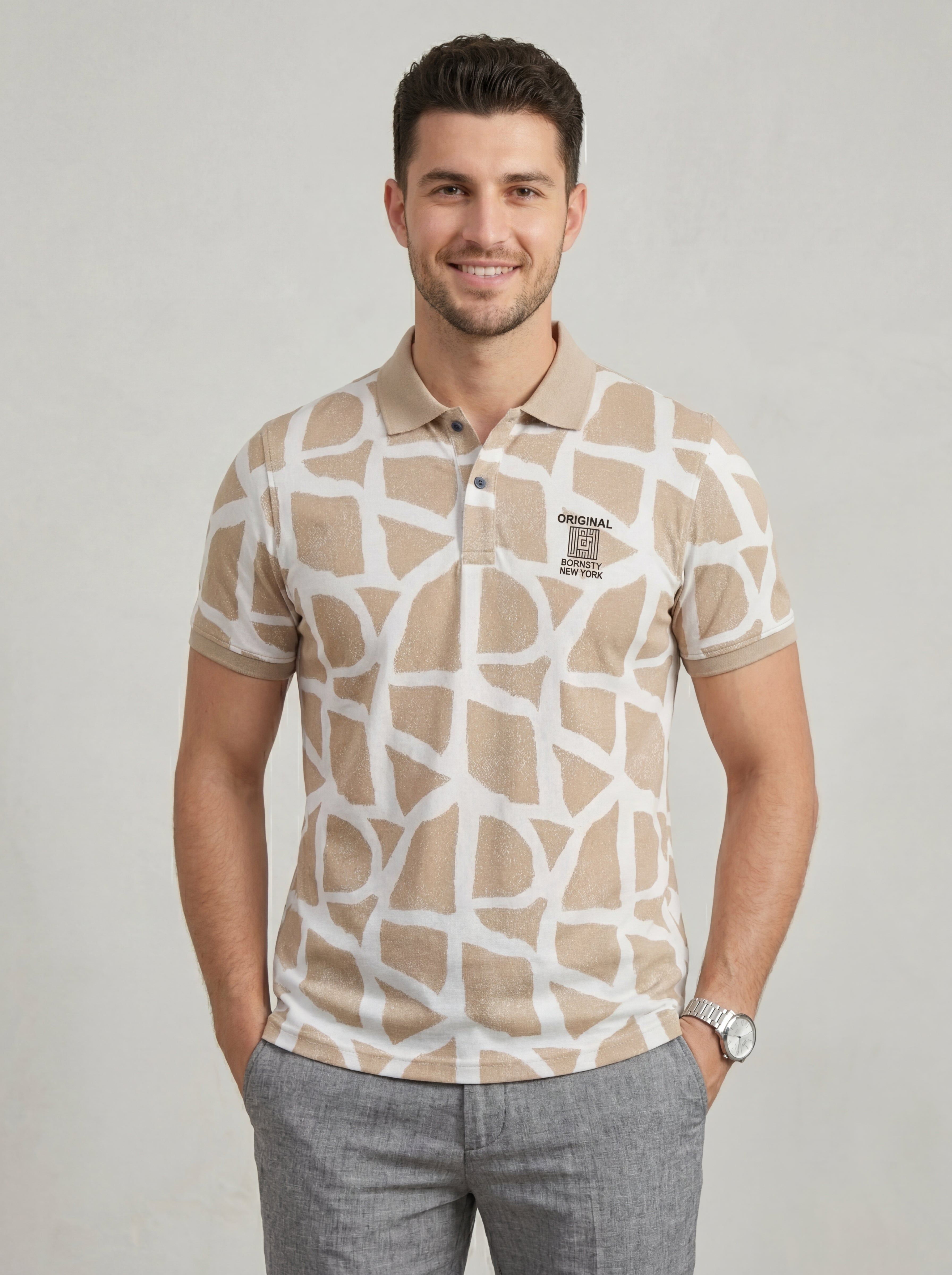 Men’s "Safari Mosaic" Printed Polo – Sand & Cream-3