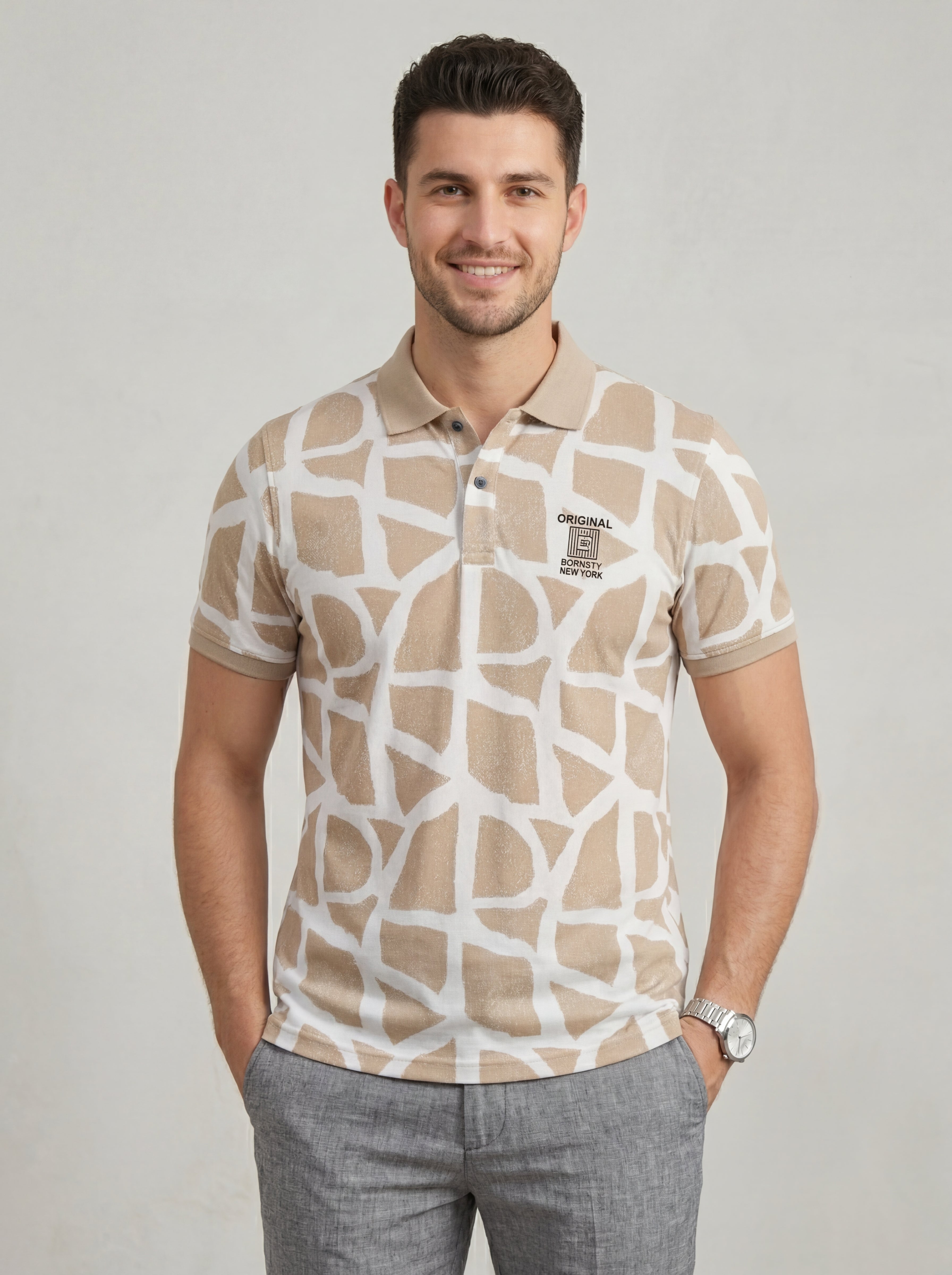 Men’s "Safari Mosaic" Printed Polo – Sand & Cream-5