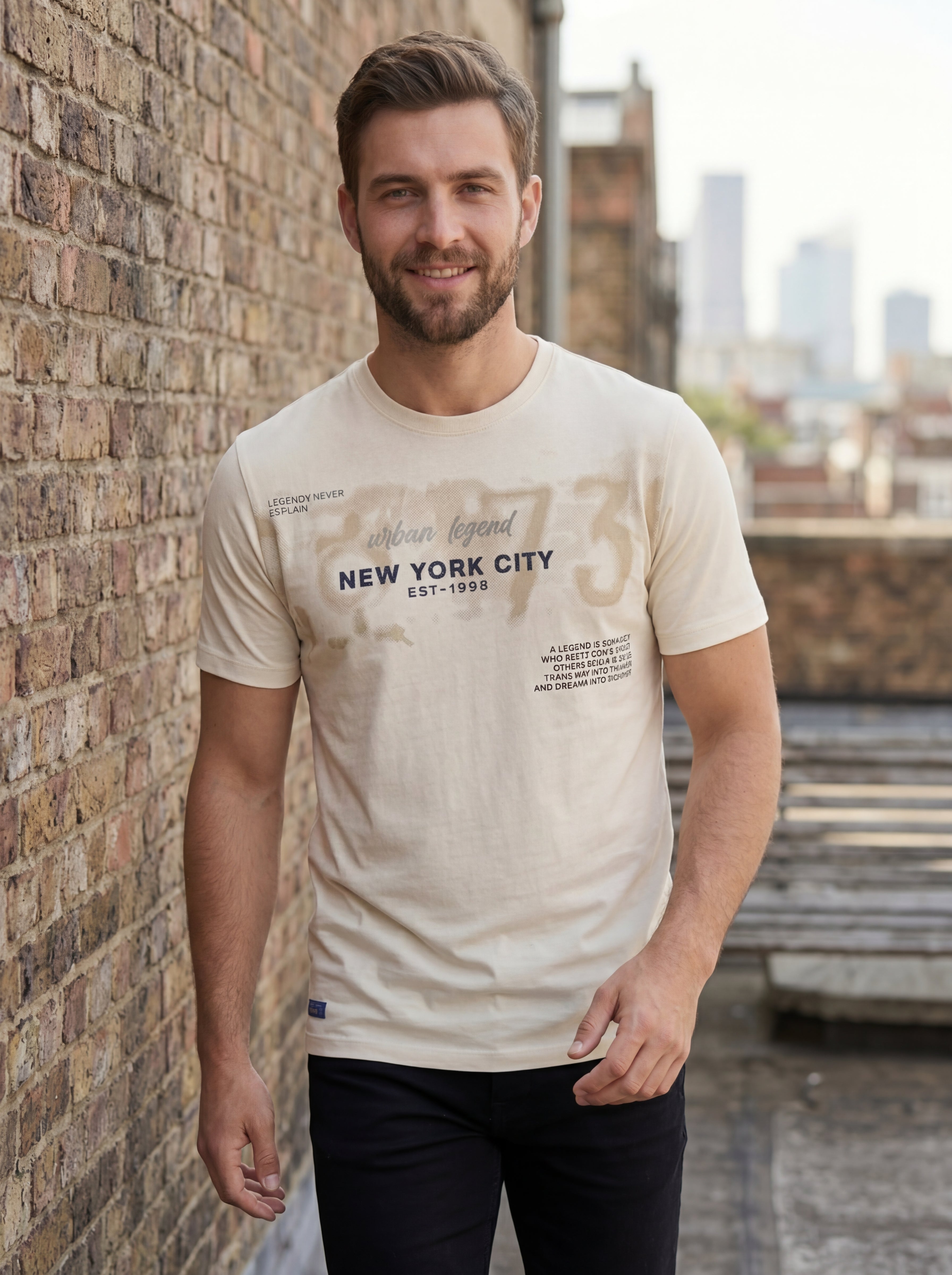 Bonnaty "Urban Legend" New York City Graphic Beige T-Shirt-3