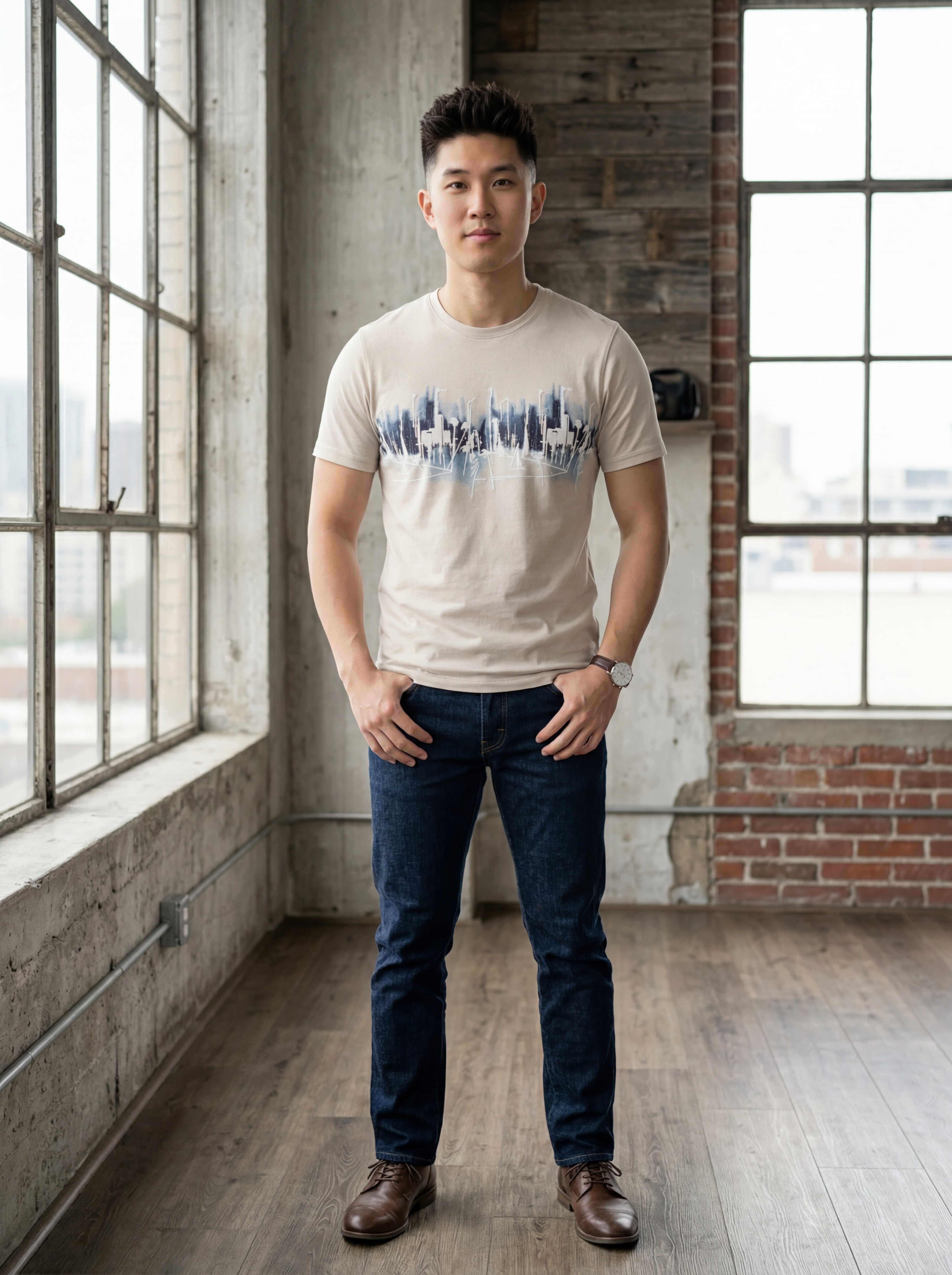 Men Beige Cityscape Abstract Graphic T-shirt-4