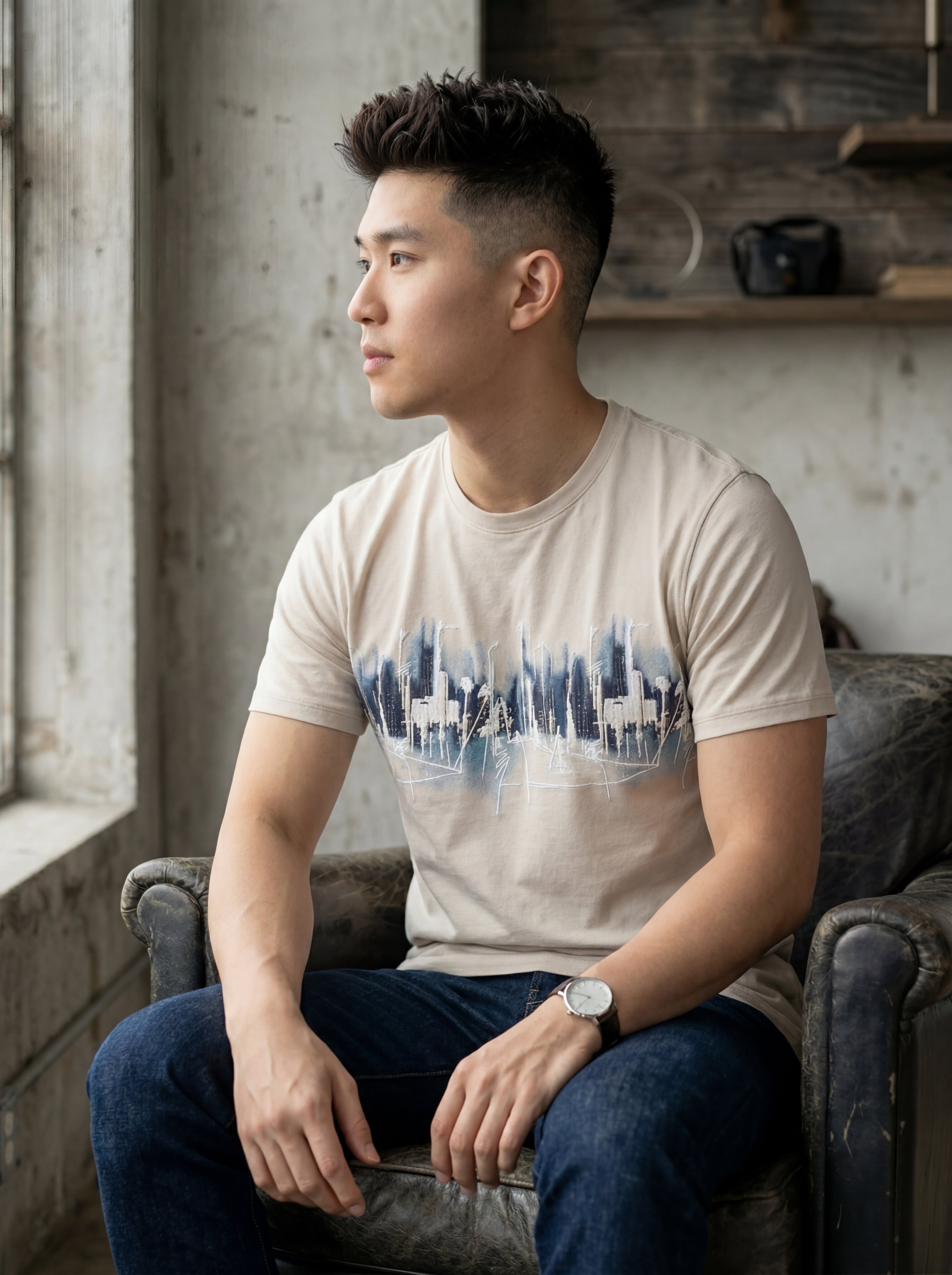 Men Beige Cityscape Abstract Graphic T-shirt-3